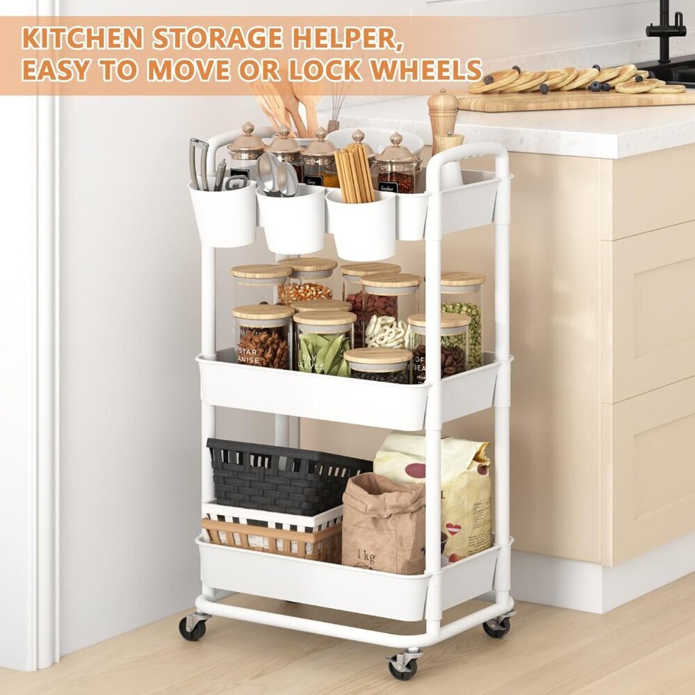 3-Tier Plastic Rolling Storage Cart Utility Cart with Extra Hanging Cups Handles - Picture 3 of 7